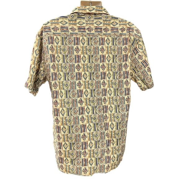 Burma Bibas Shirt Mens Large Beige Button Up Short Sleeve Cotton Geo Print - Picture 2 of 3